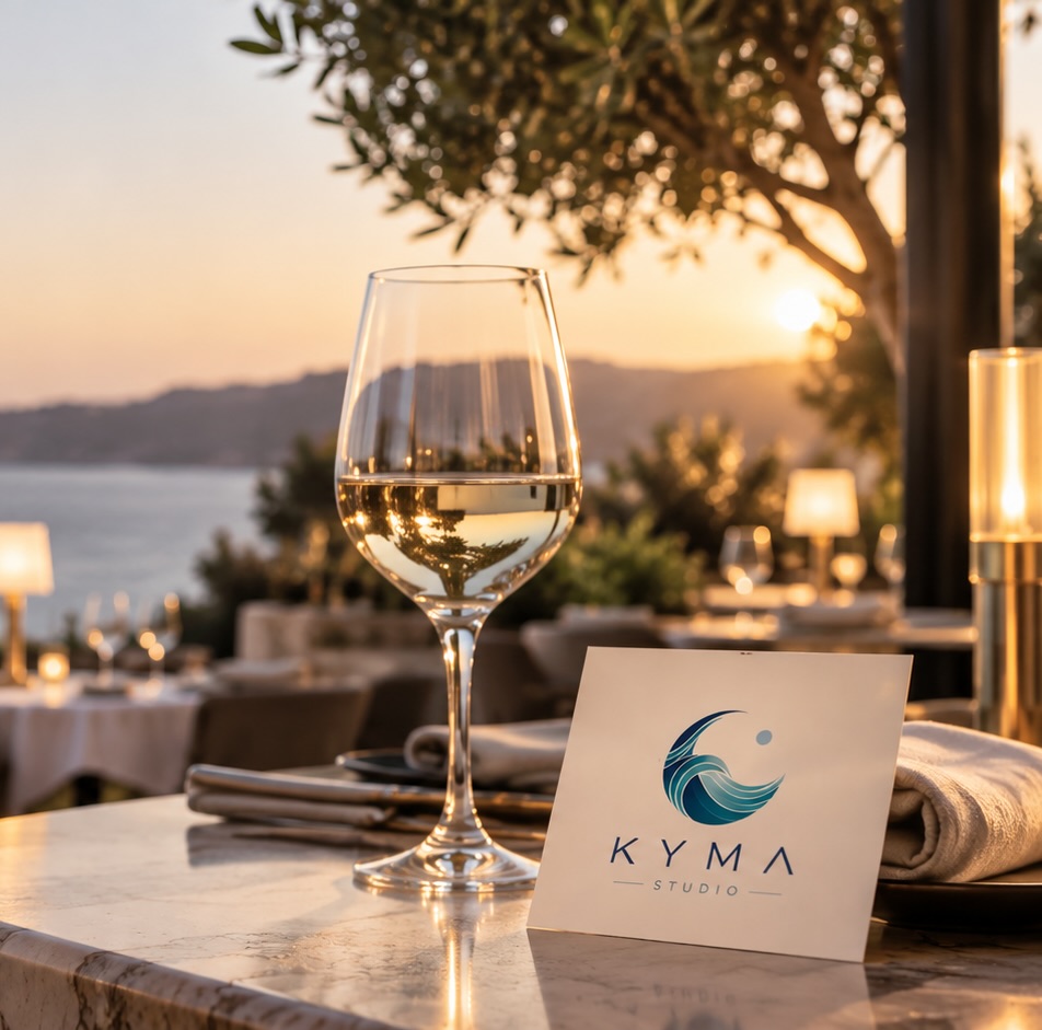 Verre de vin blanc et carte Kyma Studio sur une table en marbre, au coucher du soleil