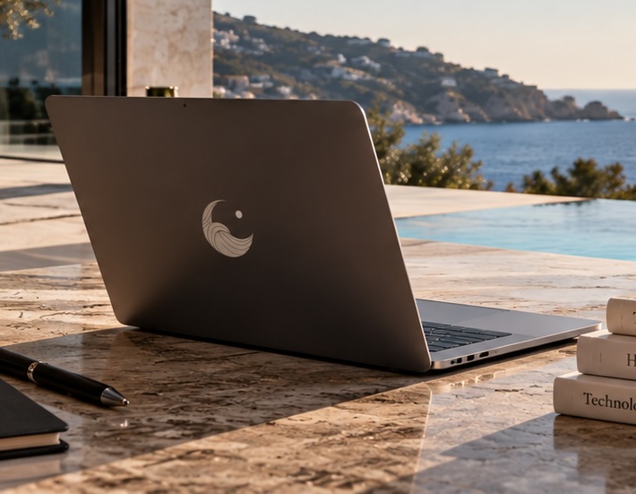 Ordinateur portable sur un plan de travail en marbre, face à la mer