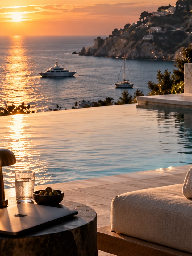 Terrasse au coucher du soleil, piscine et yachts au mouillage